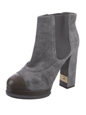 CHANEL Gray Suede CC Logo Platform Chelsea Boots